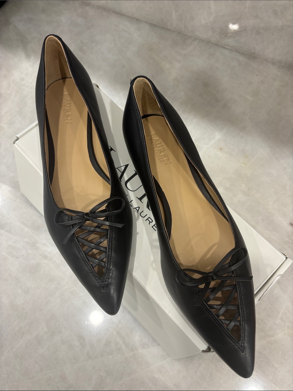 Lauren Ralph Lauren Black Pointed-Toe Leather Flats with Lattice Lace
